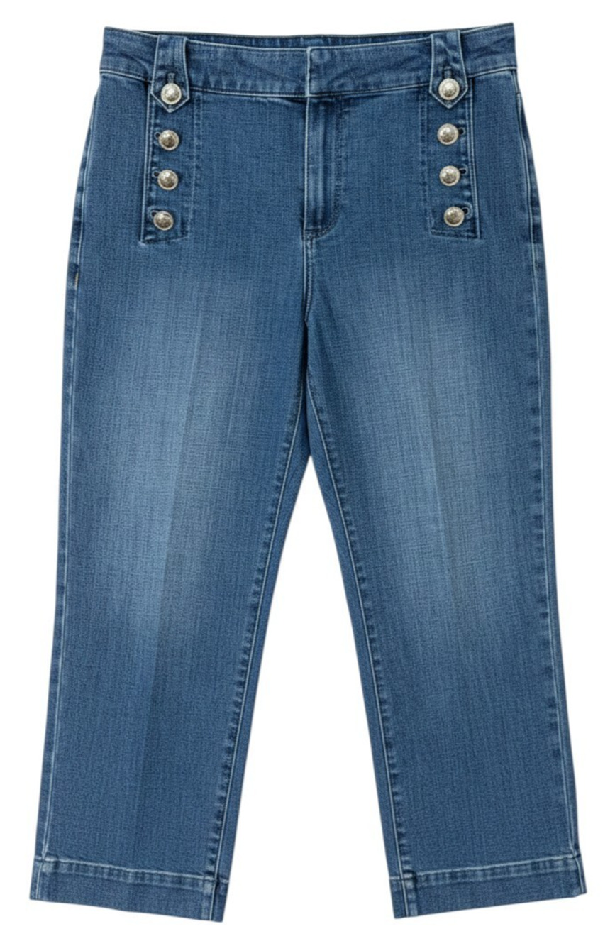 Talbots Sz 6P Sailor Jeans 30"Wx22.5"L High Waist Silver Buttons Med Wash Denim